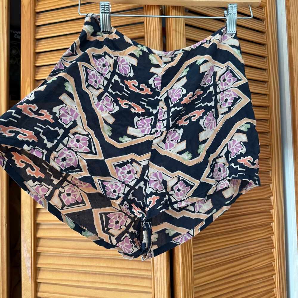 Shona Joy 100% Silk Navy and Pink Patterned High Waist Shorts